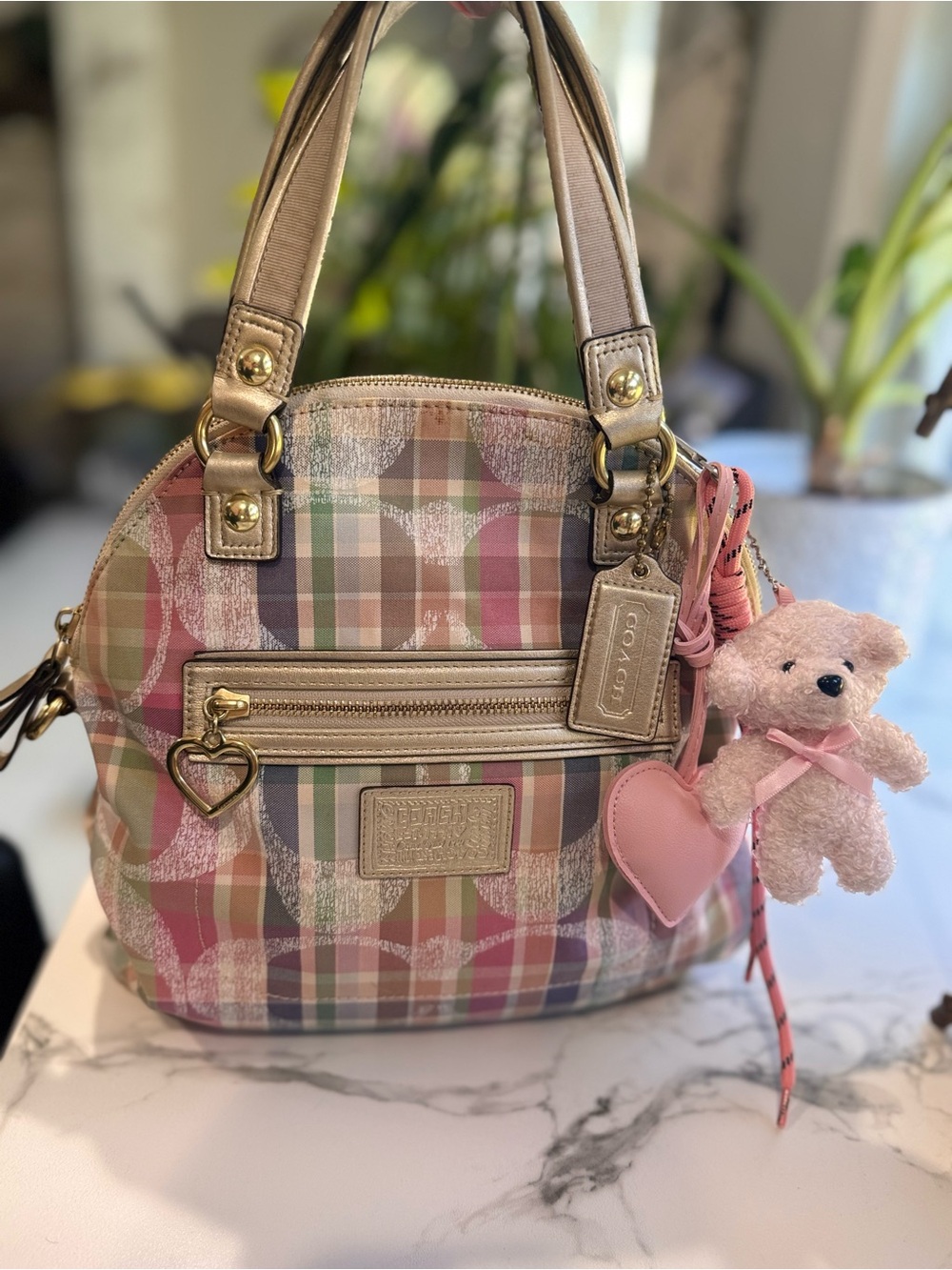 ❌SOLD Coach Multicolor Plaid Dome Satchel + Teddy Charm